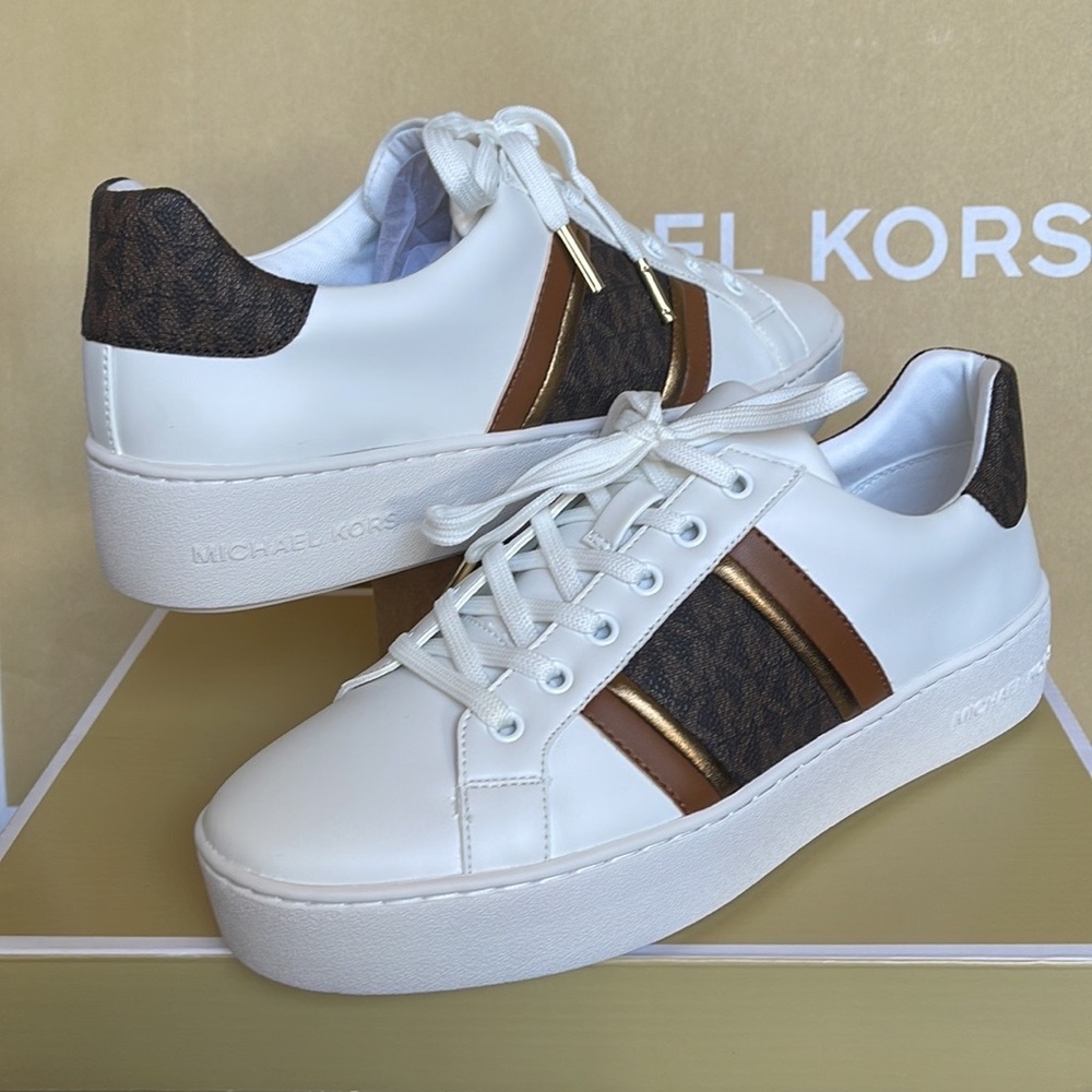 Michael Kors Poppy Stripe Lace Up Nappa Faux Leather WMNS Optic White/Brown